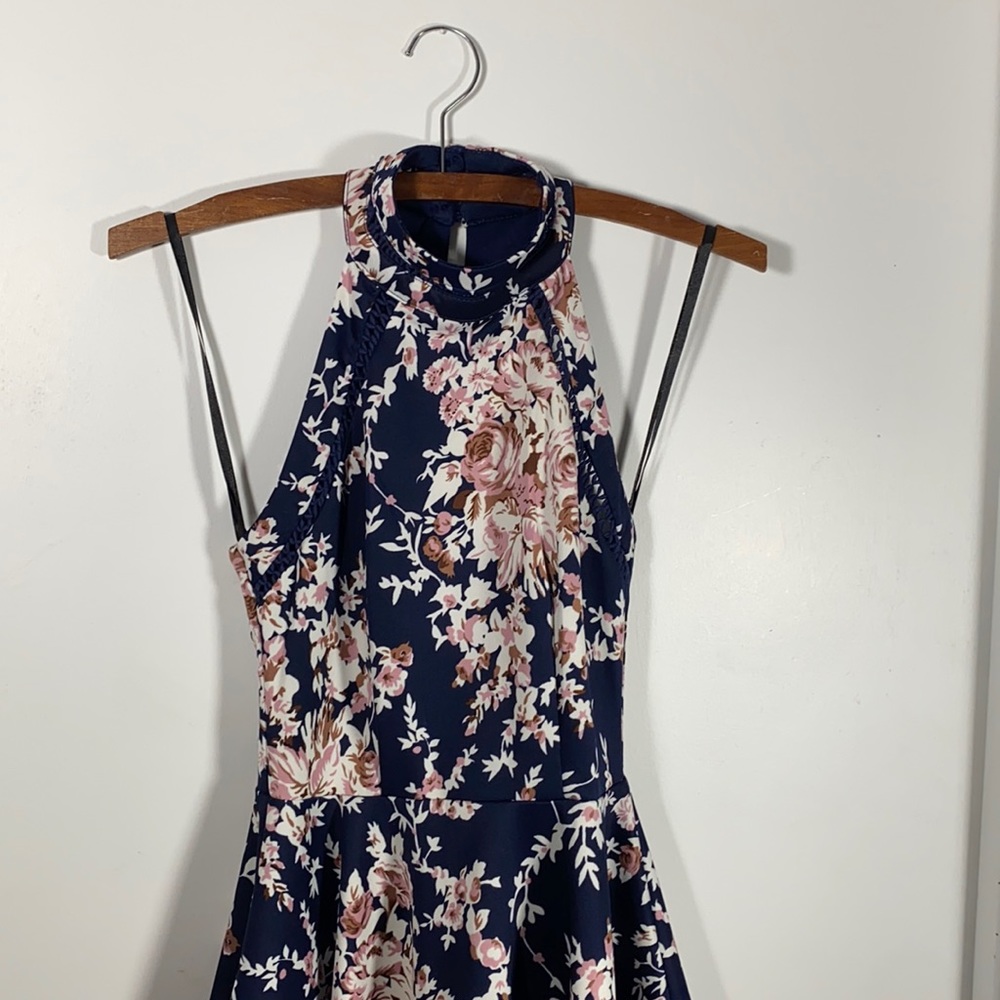 Halter Neck Navy and Pink Floral Dress - 0